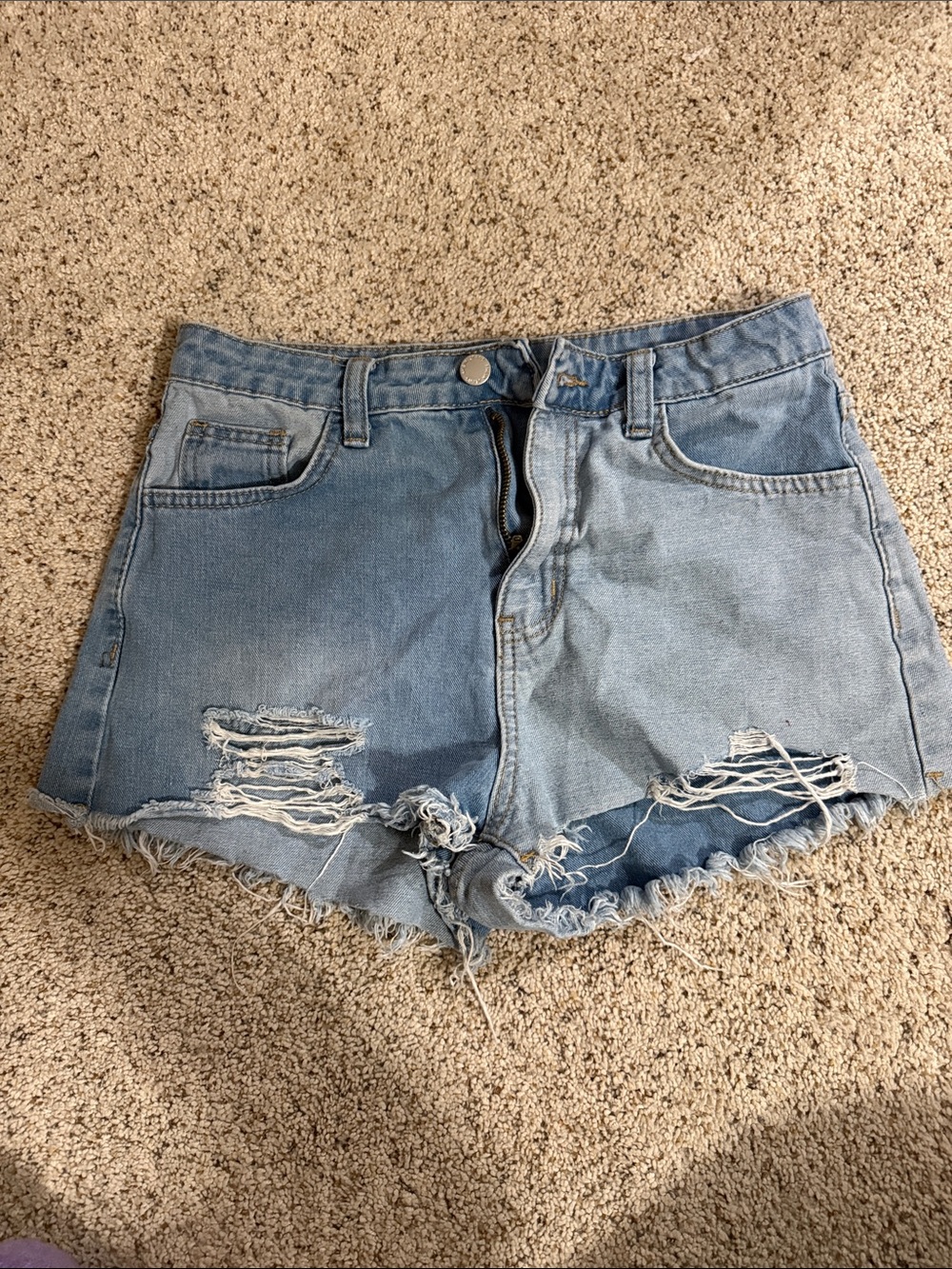 SHEIN Light Blue Two-Tone Distressed Denim Shorts